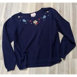 Jaclyn Smith Navy Sweater with Floral Embroidery
